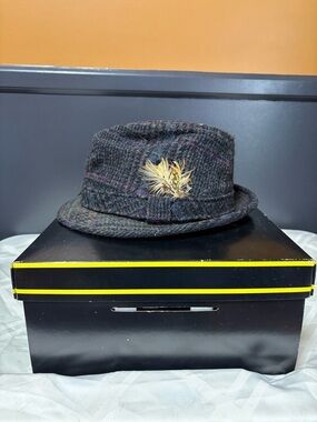 Vintage Churchill Ltd Men's Brown Tweed Fedora Hat with Feather Accent